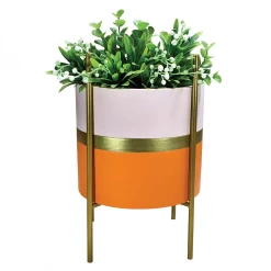 None MODERNIST PLANTER PINK/ORANGE STRIPED WITH GOLD PEDESTAL