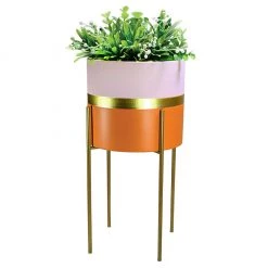 None MODERNIST PLANTER PINK/ORANGE STRIPED WITH GOLD PEDESTAL