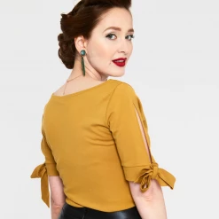 Shop Sour+Plus VOODOO VIXEN BENNY BOAT NECK TIE SLEEVE TOP MUSTARD