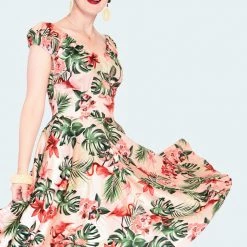 Apparel VOODOO VIXEN BETSY TROPICAL FLAMINGO OFF-SHOULDER SWING DRESS