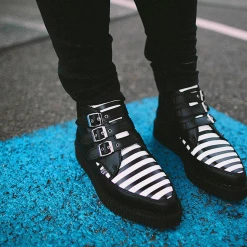T.U.K. BLACK & WHITE STRIPE 3 BUCKLE POINTED BOOT Footwear