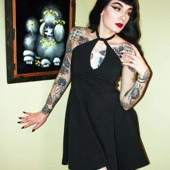 What's New SOURPUSS BLACK HALTER SKATER DRESS