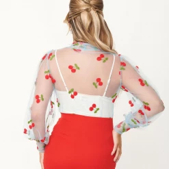 Shop Sour+Plus UNIQUE VINTAGE CHERRY EMBROIDERED SHEER GWEN BLOUSE BLUE