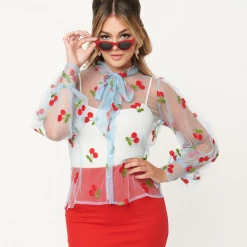 Shop Sour+Plus UNIQUE VINTAGE CHERRY EMBROIDERED SHEER GWEN BLOUSE BLUE