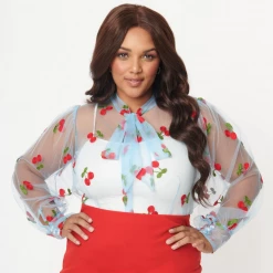 Shop Sour+Plus UNIQUE VINTAGE CHERRY EMBROIDERED SHEER GWEN BLOUSE BLUE