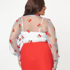 Shop Sour+Plus UNIQUE VINTAGE CHERRY EMBROIDERED SHEER GWEN BLOUSE BLUE