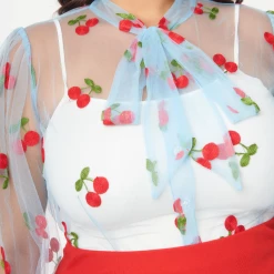 Shop Sour+Plus UNIQUE VINTAGE CHERRY EMBROIDERED SHEER GWEN BLOUSE BLUE