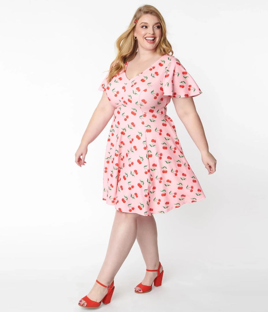 UNIQUE VINTAGE CHERRY PRINT POPPY FIT & FLARE DRESS Shop Sour+Plus 6 UNIQUE VINTAGE CHERRY PRINT POPPY FIT & FLARE DRESS Shop Sour+Plus