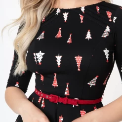UNIQUE VINTAGE RETRO CHRISTMAS TREE PRINT STEPHANIE FIT & FLARE DRESS