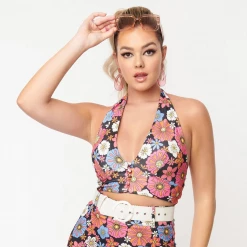 Shop Sour+Plus SMAK PARLOUR BLACK & PURPLE FLORAL PRINT FEELIN GROOVY CROP TOP