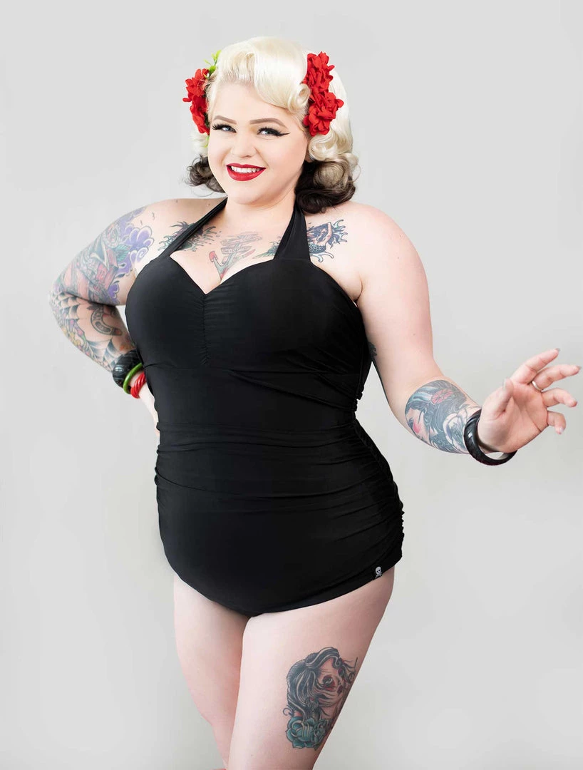 Ghouls Just Wanna Have Sun SOURPUSS SOLID BLACK RUCHED ONE PIECE SWIMSUIT 3 Ghouls Just Wanna Have Sun SOURPUSS SOLID BLACK RUCHED ONE PIECE SWIMSUIT