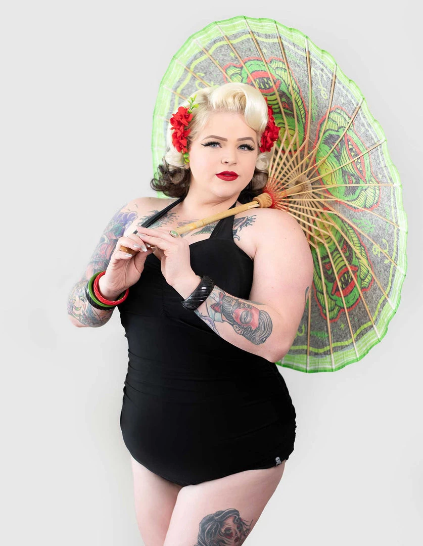 Ghouls Just Wanna Have Sun SOURPUSS SOLID BLACK RUCHED ONE PIECE SWIMSUIT 5 Ghouls Just Wanna Have Sun SOURPUSS SOLID BLACK RUCHED ONE PIECE SWIMSUIT