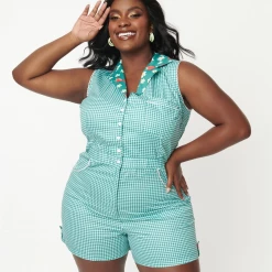 UNIQUE VINTAGE GREEN GINGHAM SHELBY ROMPER Shop Sour+Plus