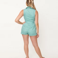 UNIQUE VINTAGE GREEN GINGHAM SHELBY ROMPER Shop Sour+Plus