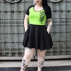 SOURPUSS NOKTURNAL BATS RAGLAN SKATER DRESS GREEN Neon Dreams