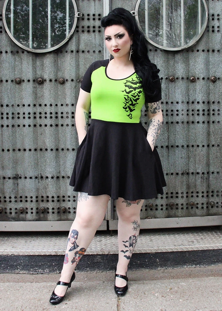 SOURPUSS NOKTURNAL BATS RAGLAN SKATER DRESS GREEN Neon Dreams 3 SOURPUSS NOKTURNAL BATS RAGLAN SKATER DRESS GREEN Neon Dreams