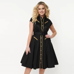 UNIQUE VINTAGE MADELINE DRESS BLK W/ GOLD TRIM What's New