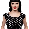 Back In Stock RETROLICIOUS POLKA DOT BOAT NECK TOP BLK/WHT