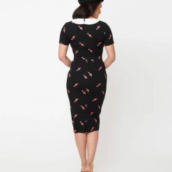 Shop Sour+Plus UNIQUE VINTAGE BLACK & PIERCED HEART PRINT RENATA PENCIL DRESS