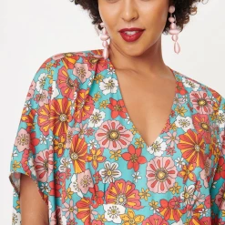 Ghouls Just Wanna Have Sun SMAK PARLOUR TURQUOISE & CORAL RETRO FLORAL ROPER CAFTAN