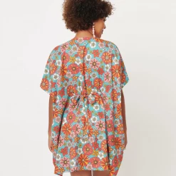 Ghouls Just Wanna Have Sun SMAK PARLOUR TURQUOISE & CORAL RETRO FLORAL ROPER CAFTAN