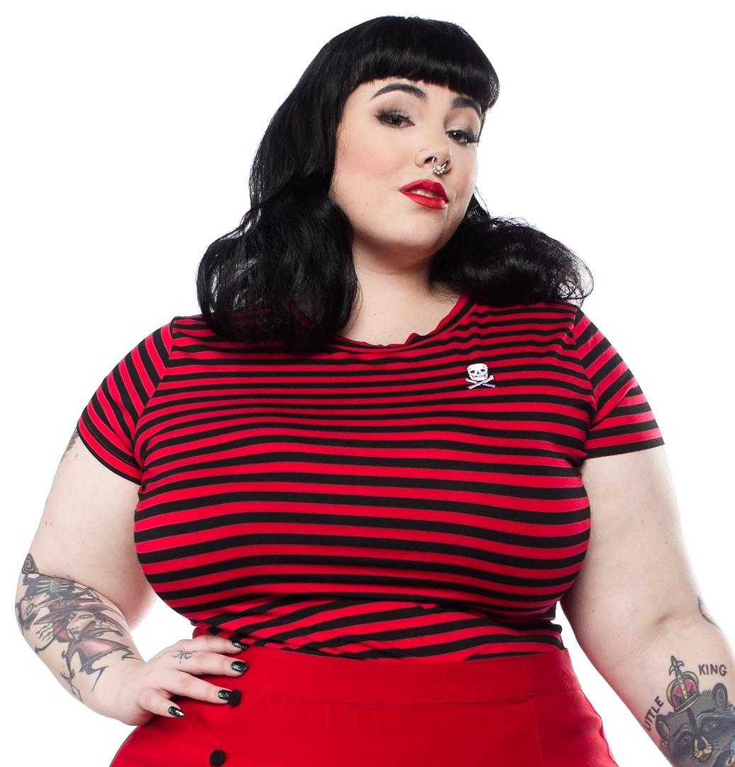 Shop Sour+Plus SOURPUSS STRIPED JOLLY ROGER CREW NECK TOP RED/BLK 6 Shop Sour+Plus SOURPUSS STRIPED JOLLY ROGER CREW NECK TOP RED/BLK