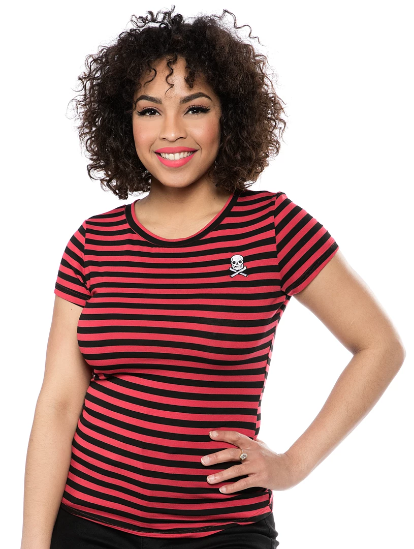 Shop Sour+Plus SOURPUSS STRIPED JOLLY ROGER CREW NECK TOP RED/BLK 3 Shop Sour+Plus SOURPUSS STRIPED JOLLY ROGER CREW NECK TOP RED/BLK