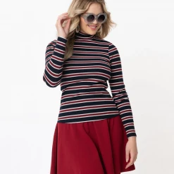SMAK PARLOUR NAVY & BURGUNDY STRIPE MOCK TURTLENECK TOP