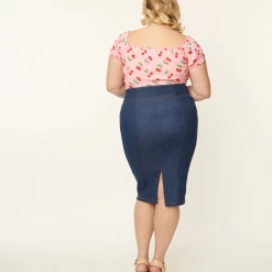UNIQUE VINTAGE BLUE DENIM SUMMER LOVIN PENCIL SKIRT