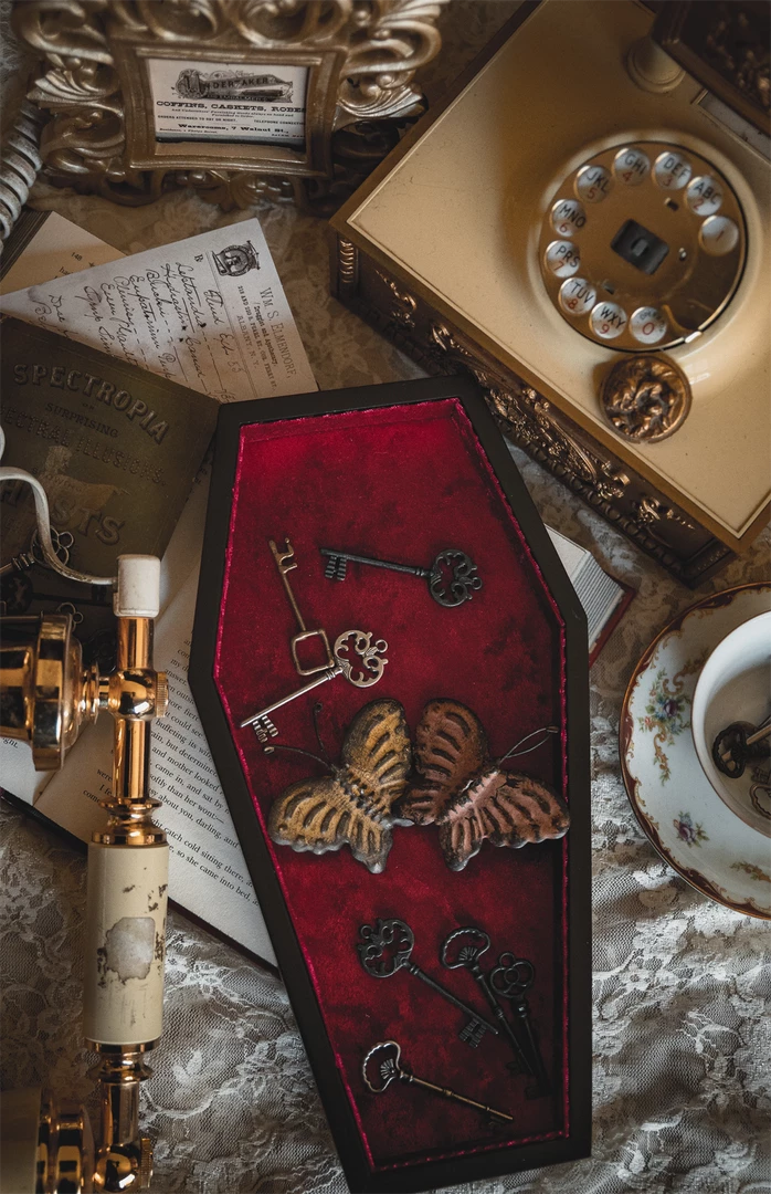 LIVELY GHOSTS VELVET COFFIN TRINKET TRAY RED What's New 4 LIVELY GHOSTS VELVET COFFIN TRINKET TRAY RED What's New